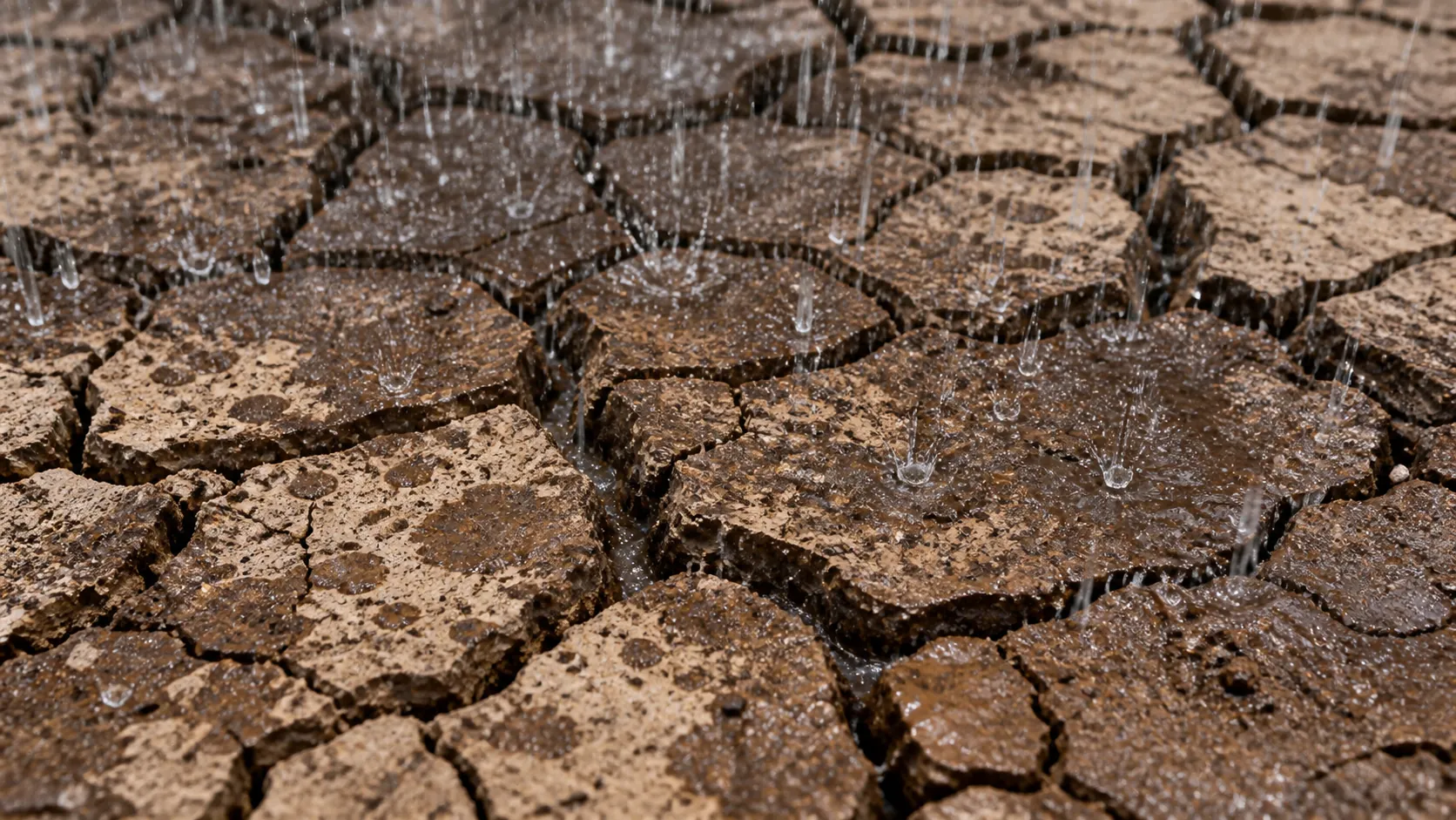 First rain falling on drought-dried earth