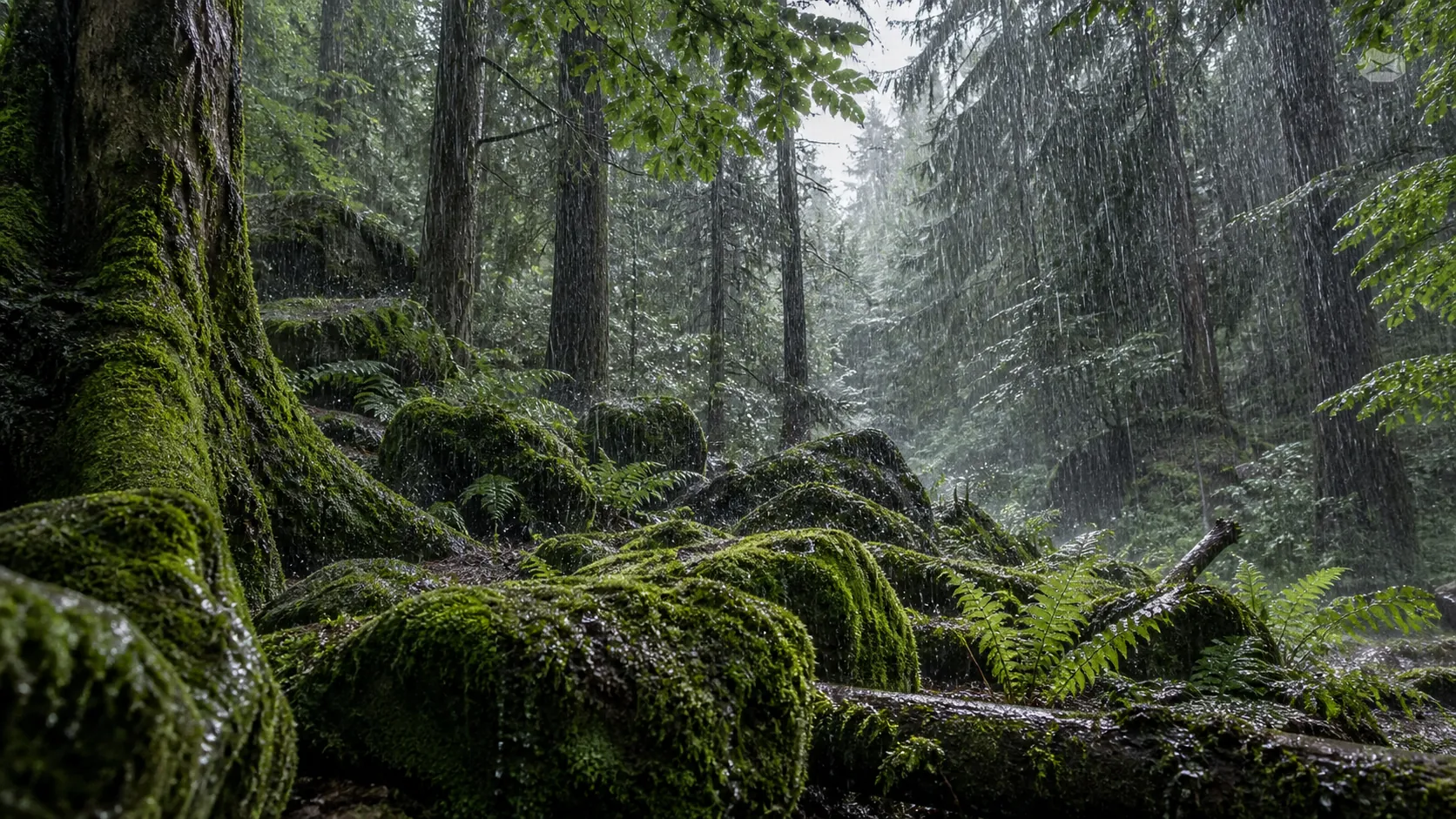 Heavy rain over a mossy forest