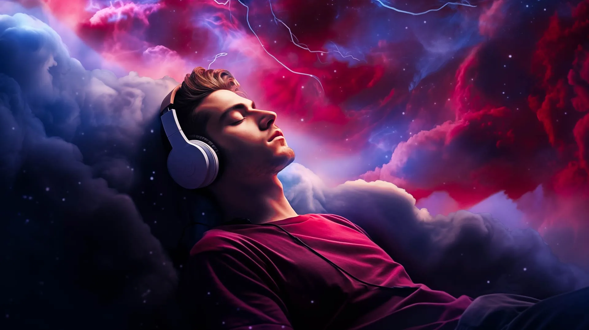 Man with headphones resting in glowing red and violet clouds