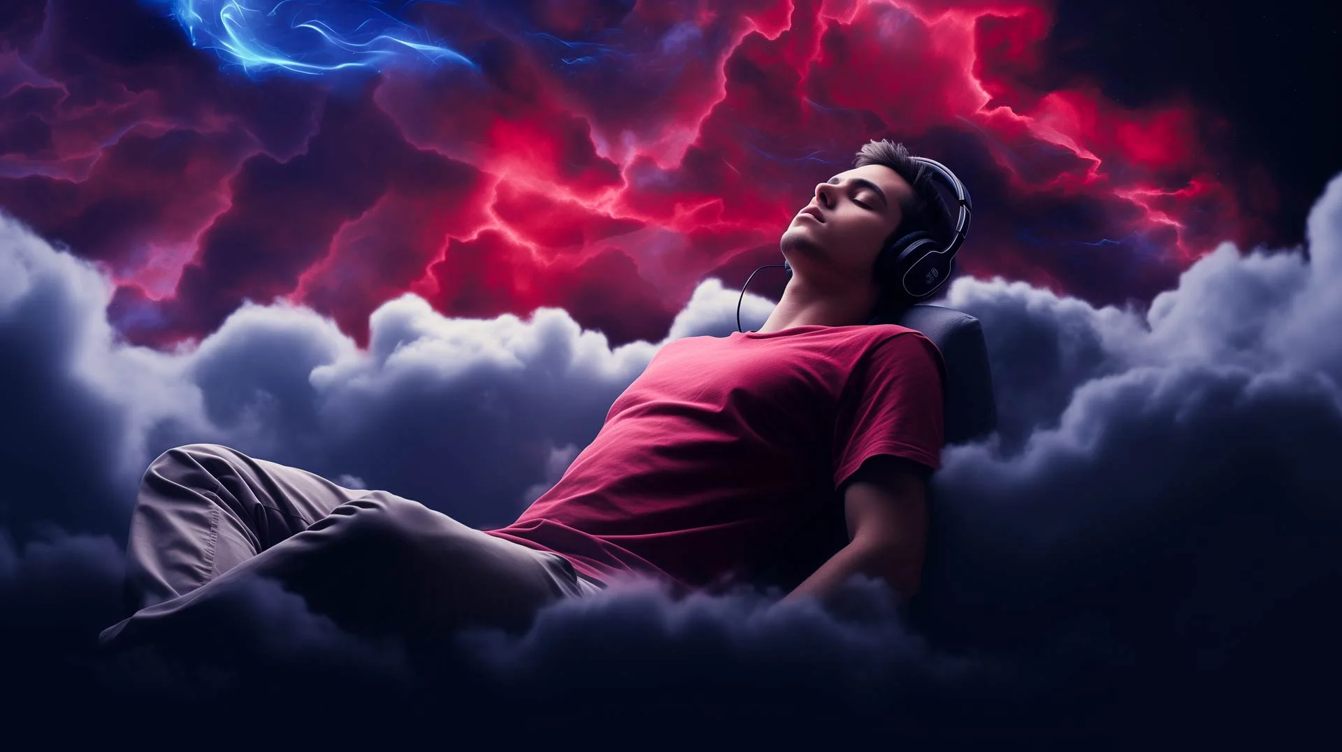 Man with headphones lying on soft clouds under a red and violet stormy sky