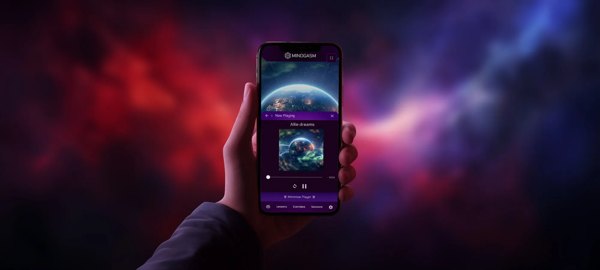 Hand holding a phone with the Mindgasm app open, in front of a red and violet nebula