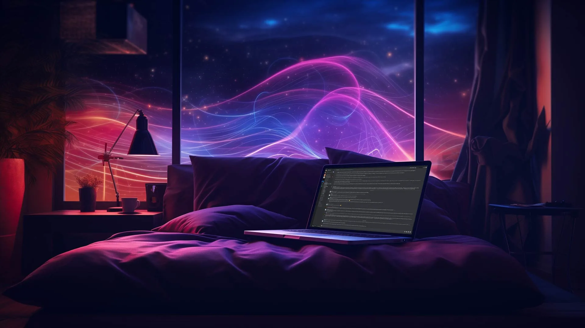 Dim bedroom at night with a laptop on the bed and violet light waves outside the window