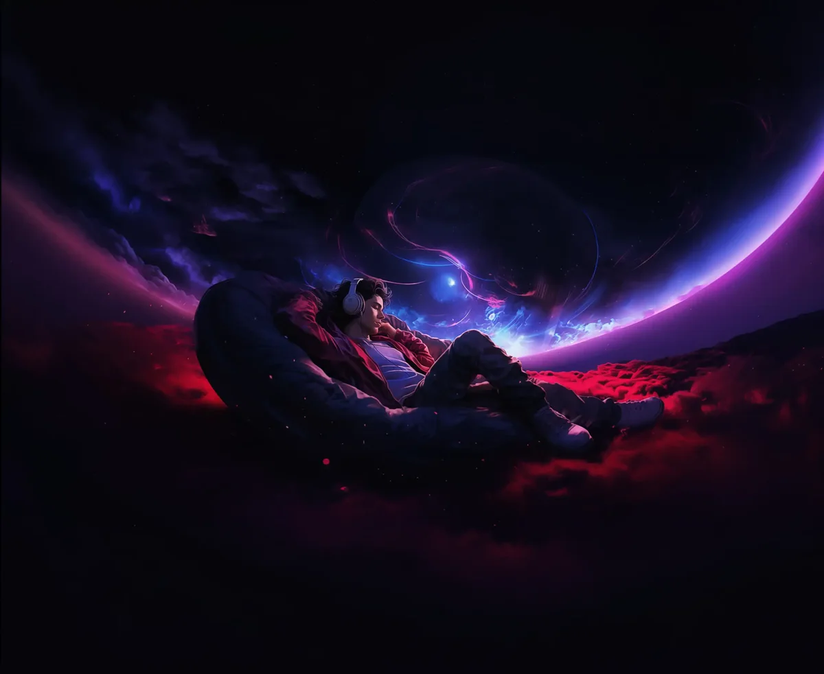 Man with headphones resting on a cushion in a red and violet cosmic landscape